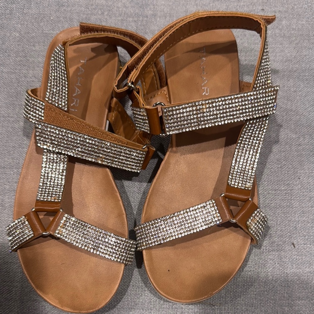 Tahari Brown and Silver Sandals with Rhinestone Embellishments